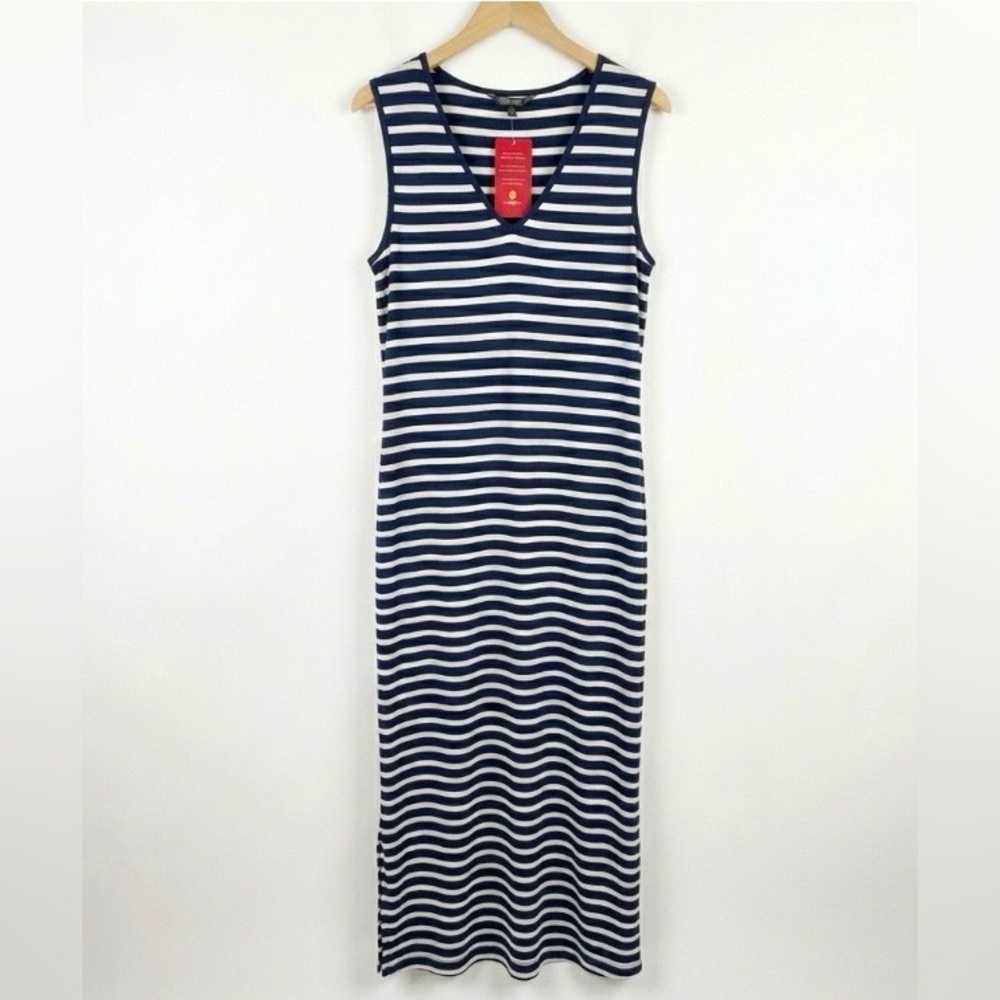 NWT•Evereve Peyton Jensen Navy Striped Knotted Maxi Dress Sleeveless Summer M